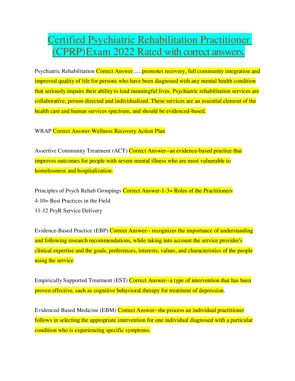 Preview image for Certified Psychiatric Rehabilitation Practitioner (CPRP) Exam 2022 Rated with correct answers.